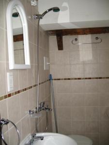 a bathroom with a shower and a sink and a mirror at Habitación doble en Casa Alpina in Villa General Belgrano