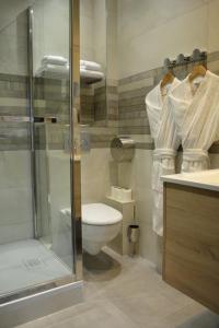 a bathroom with a toilet and a glass shower at Appartement-terrasse parking privé Meublé de Tourisme 4 étoiles in Belfort