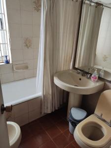 a bathroom with a sink and a toilet and a tub at Departamento Copacabana in Viña del Mar