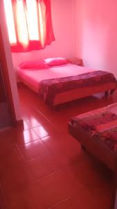 Un dormitorio con dos camas y una ventana. en Hotel Monte Castello, en Villa Gesell