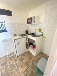 a small kitchen with a sink and a refrigerator at Barros Borgoño 2 Departamento in Valparaíso