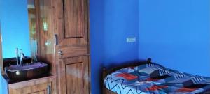 a blue room with a bed and a sink at Bettadakeshvi homestay in Belūr