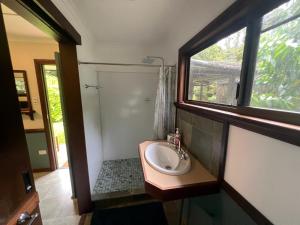 Un baño con lavabo y ventana. en Riflebird Lodge, en Topaz