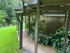 una pérgola en un jardín con plantas en Riflebird Lodge, en Topaz