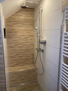 a shower with a shower head in a bathroom at Weitblick in Niederkirchen bei Deidesheim