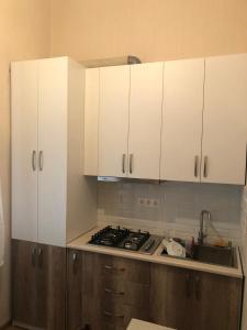 eine Küche mit weißen Schränken und einem Herd mit Backofen in der Unterkunft Pikrisgora-luxury in Tbilisi City