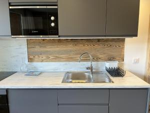 a kitchen counter with a sink and a microwave at Les Clarines in Le Joseray