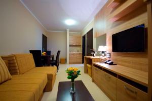 a living room with a couch and a flat screen tv at Vila V Lux Apartments in Petrovac na Moru