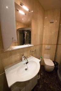 een badkamer met een wastafel, een toilet en een spiegel bij Хостел Арбат 29 in Moskou