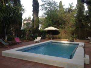 Una piscina en un patio con una sombrilla. en Apartment in the heart of nature near Seville with swimming pool and parking, en Espartinas