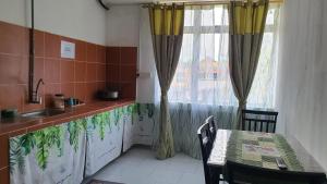 a kitchen with a table and a sink and a window at Aristar Homestay in Bandar  Pusat Jengka