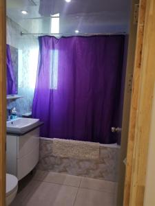 a purple shower curtain in a bathroom with a sink at Jadwin Beautiful Room Share toilet 2 people in London +7 photos