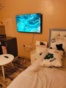a bedroom with a bed and a tv on the wall at Executive Studio EBJ APARTMENTS in Nairobi