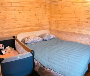a bed in a room with a wooden wall at Sodyba 15 Ąžuolų Svečių namai 2 in Triušiai