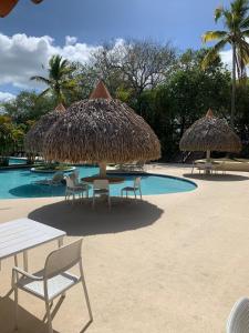 a group of chairs and umbrellas next to a pool at Private Resort Suite, Hotel Amenities & Golf in Las Lajas