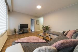 a living room with a couch and a tv at Apartment Tullikatu in Kristinestad
