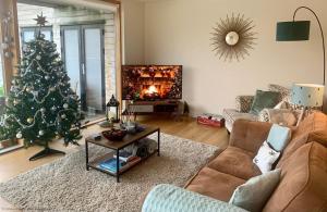 ein Wohnzimmer mit einem Weihnachtsbaum und einem Kamin in der Unterkunft Libelle Lodge in South Cerney