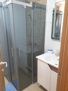 a bathroom with a glass shower and a sink at Vila Elsa in Zlatibor