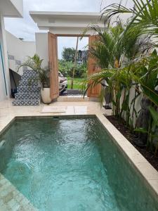 une piscine au milieu d'une cour avec des plantes dans l'établissement Amazing rice field-view Villa 3min walk to the sea, à Munggu