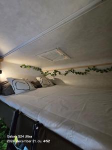 洛斯克里斯蒂亚诺斯Autocaravan,camper,campervan,motorhome,not driveable,only habitable的墙上植物的房间的一张床位