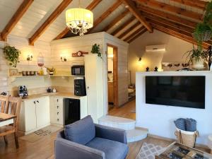 a living room with a large flat screen tv at ברוגע אצל נוגה סוויטה עם בריכה פרטית in Moshav Ramot