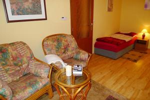 uma sala de estar com duas cadeiras, uma mesa e uma cama em Apartment Kamenná em Brno