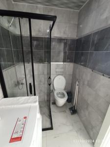 a small bathroom with a toilet and a shower at ŞAHİNER APART Otel in Finike
