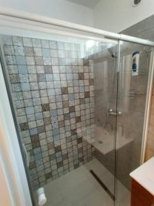 a shower with a glass door in a bathroom at Freedom 50 Apartman in Pécs +9 photos