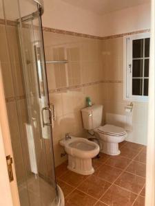 un bagno con wc e doccia in vetro di Casa Rosa a Ponta do Sol