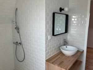 a bathroom with a sink and a mirror at Chez David à Paimpol in Paimpol +11 photos