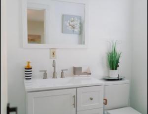 une salle de bain blanche avec un lavabo et un miroir dans l'établissement Blue Corner Luxe, Timeless Charm Near Downtown, à Little Rock 13 autres photos