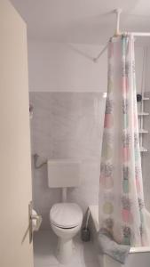a bathroom with a toilet and a shower curtain at 5 srca in Stanići +48 photos