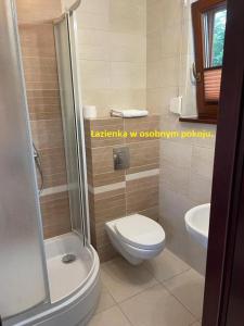 a bathroom with a toilet and a shower and a sink at MB House Sarbinowo in Sarbinowo +14 photos