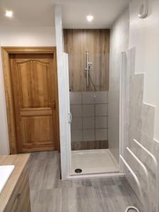 a bathroom with a shower with a glass door at Appartement au cœur du kochersberg in Kienheim
