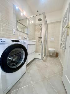 a washing machine in a bathroom with a toilet at Les Logis d'Esmeralda-Appartements Centre Romorantin in Romorantin +30 photos