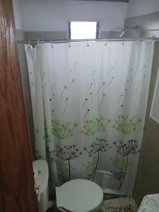 baño con cortina de ducha con pájaros en Los jilgeros, en Santa Rosa de Calamuchita 17 fotos más