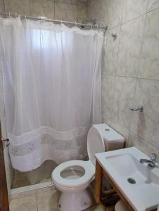 圣拉斐尔Brisa de montaña的浴室设有卫生间、水槽和淋浴帘