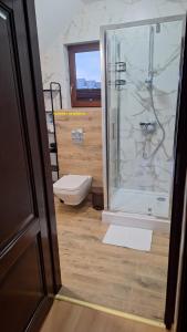a bathroom with a toilet and a glass shower at MB House Sarbinowo in Sarbinowo
