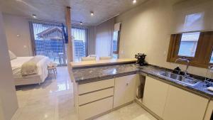 eine Küche mit einem Waschbecken und ein Schlafzimmer mit einem Bett in der Unterkunft Blizu II in Villa La Angostura