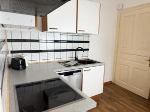 a small kitchen with a sink and a stove at Serenity Apartment Essential in Leoben