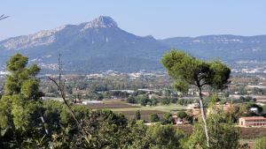 a mountain in the distance with a town and trees at les Marronniers in Six-Fours-les-Plages