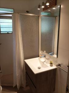 ein Badezimmer mit Waschbecken und Dusche mit Spiegel in der Unterkunft Casa El Ceibo Reserva con Seña in Piriápolis