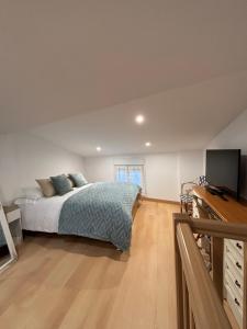 a bedroom with a bed and a flat screen tv at Puerta del Sol in Aranzueque