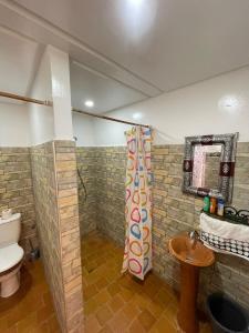 a bathroom with a shower and a toilet and a sink at Auberge oued dades in Boumalne Dades +41 photos