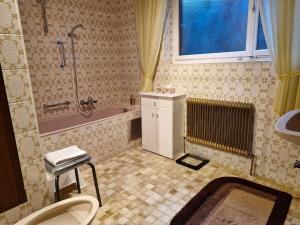 a bathroom with a tub and a toilet and a sink at Ferienhaus Bergblick in Sellrain +19 photos