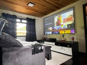 a living room with a large screen tv and a bed at O Vale do Colibri in Blinha