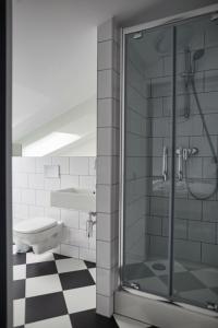 a bathroom with a shower and a toilet and a sink at Biała Wstążka B&B in Czepino +37 photos