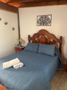 ein Schlafzimmer mit einem blauen Bett mit zwei Handtüchern darauf in der Unterkunft Casita del Río in Santa Rosa de Calamuchita