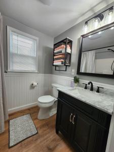 a bathroom with a toilet and a sink and a mirror at Cozy & Roomy 3BR 8-9 mins to Buffalo Bills in Lackawanna +29 photos