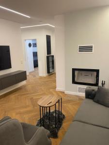 ein Wohnzimmer mit Couch und Kamin in der Unterkunft Neubau Apartment mit Kamin und Terrasse in Premium Lage Parkplatz inklusive in Bielefeld